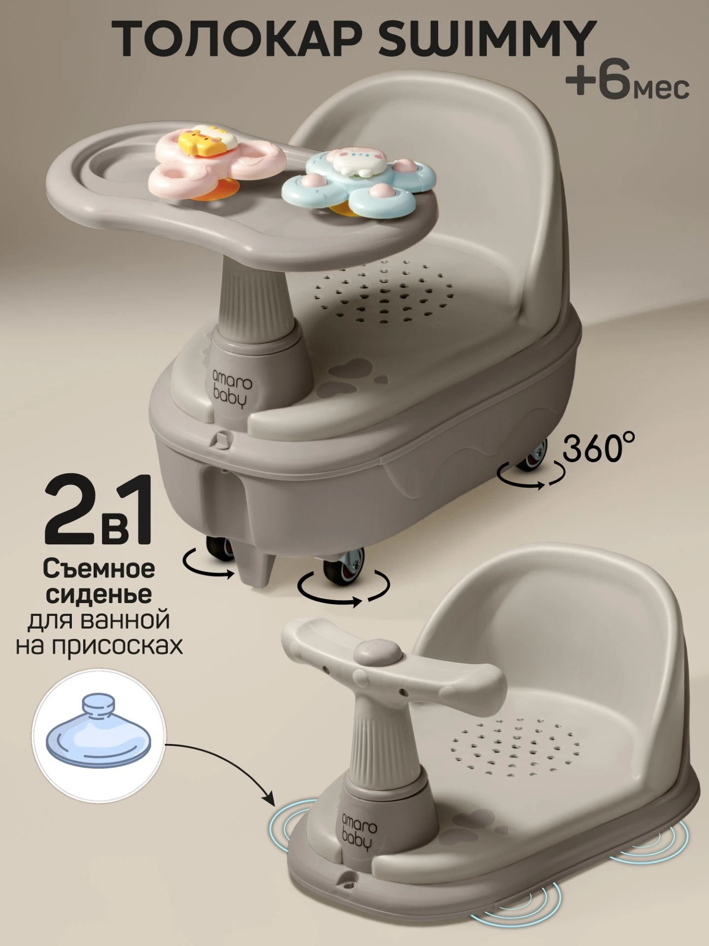 Толокар детский 2в1 с сиденьем для купания Amarobaby Swimmy, серый