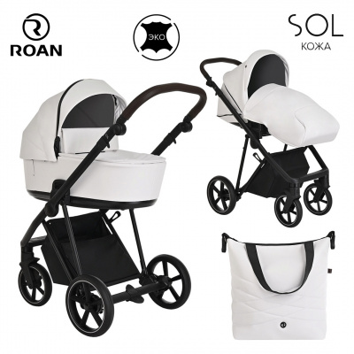 Коляска 2 в 1 Roan SOL RSL/2024 (Кожа White/Black/руч.тем.коричневый)