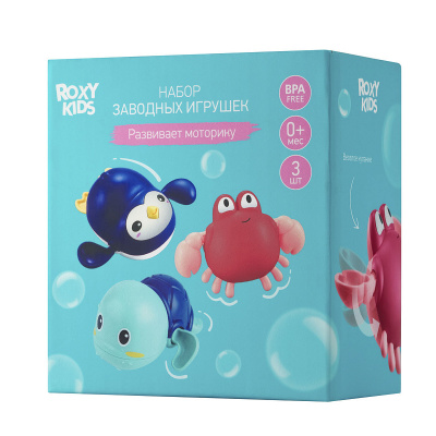 RWIN-002 Игрушки для ванной Roxy-Kids заводные 3 шт черепаха, краб, пингвин