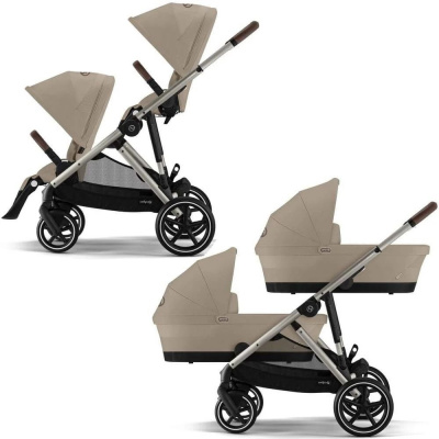 Коляска для двойни 2 в 1 Cybex Gazelle S шасси TPE с корзиной и дождевиком, Almond Beige (Бежевый)